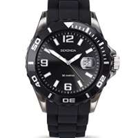 Sekonda Mens 44 mm Black Analogue Watch Magnified Date Bubble and Silicone Strap Water Resistant 50 m